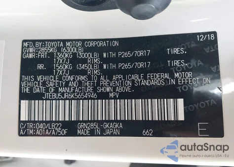 2019 Toyota 4Runner Sr5 Premium из США, поврежденный, VIN JTEBU5JR6K5654946